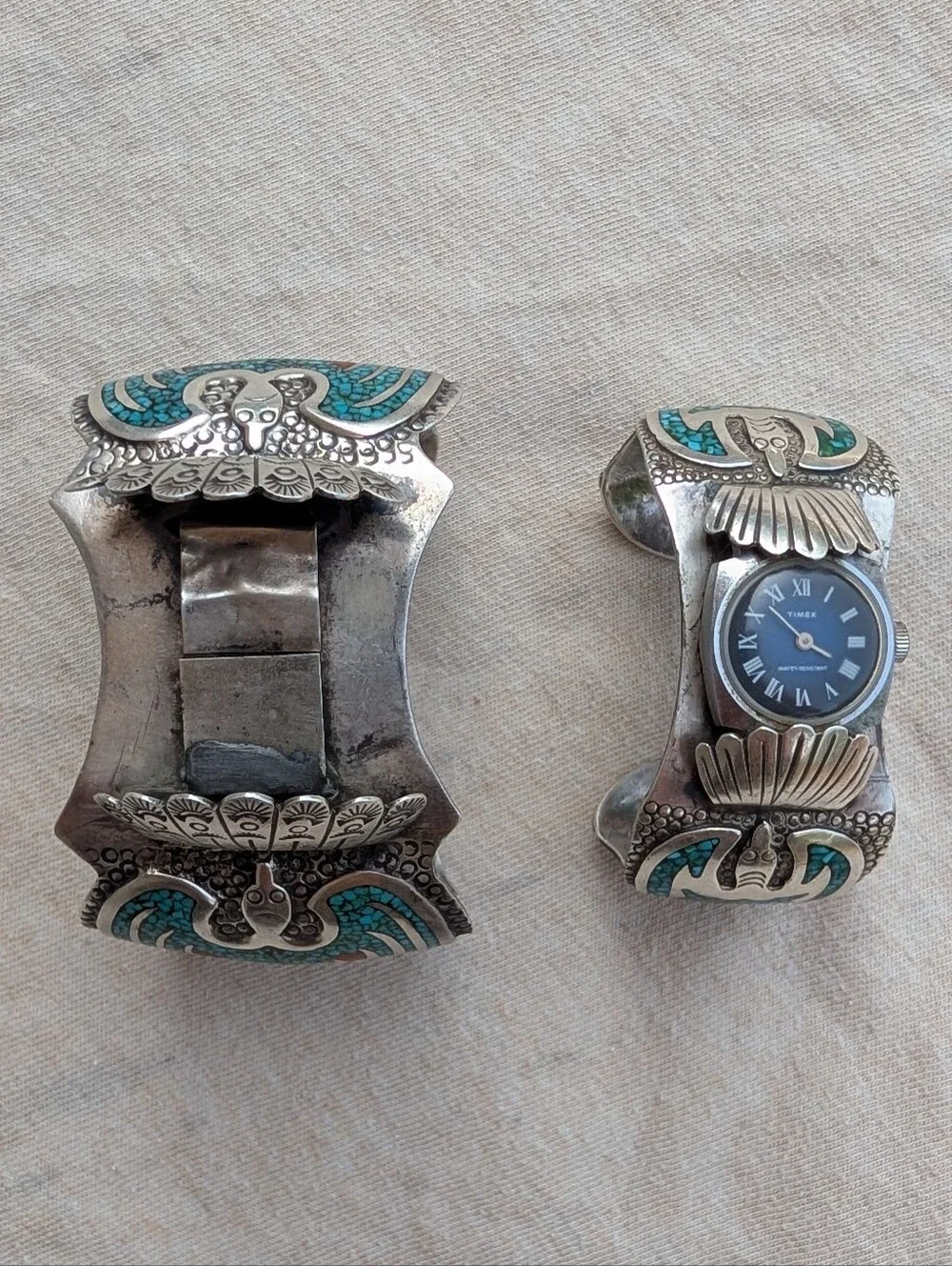Vintage His And Hers Sterling Turquoise Thunderbird Watch Bands Franklin Navajo